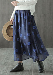 Boho dark Blue elastic waist dot print Linen Skirts Spring