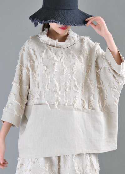 Boutique Beige Patchwork Batwing Sleeve Cotton Linen Top Summer - SooLinen