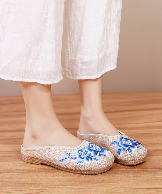 Boutique Beige Slide Sandals Embroideried Comfy Linen Fabric