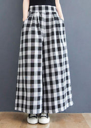 Boutique Big grid High Waist Wide Leg Pants Summer Cotton Linen - SooLinen