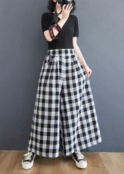 Boutique Big grid High Waist Wide Leg Pants Summer Cotton Linen - SooLinen