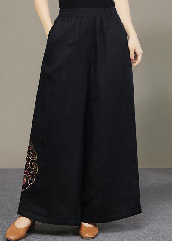 Boutique Black Embroideried Pockets Linen Pants Spring