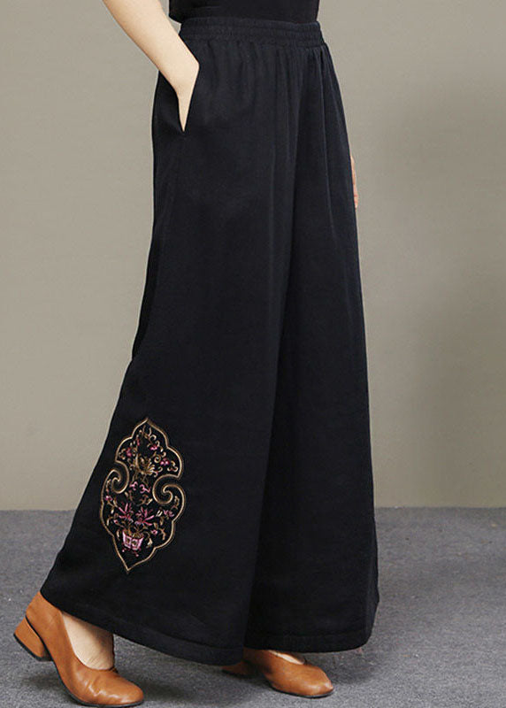 Boutique Black Embroideried Pockets Linen Pants Spring