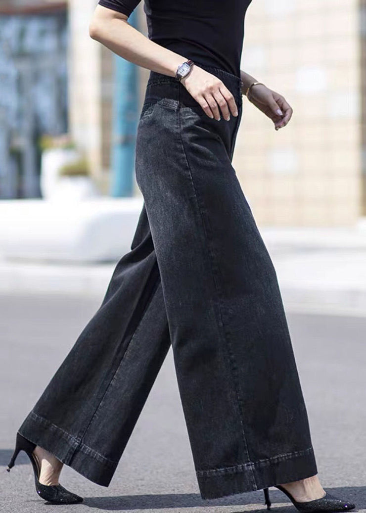 Boutique Black Pockets Draping Cotton Denim Straight Pants Spring