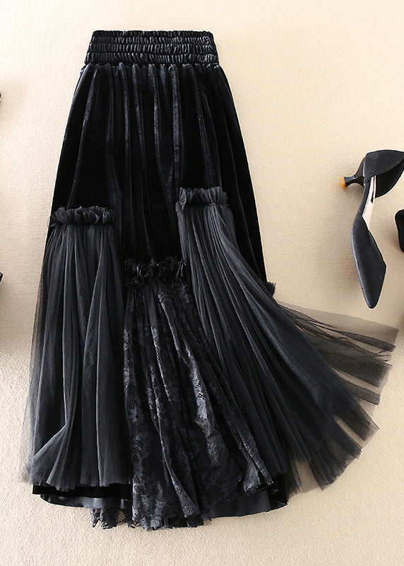 Boutique Black Silk Velour Patchwork Tulle Skirt Spring