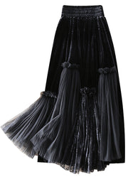 Boutique Black Silk Velour Patchwork Tulle Skirt Spring