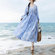 Boutique Blue Embroideried tie waist Long Summer Cotton Dress - SooLinen