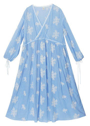 Boutique Blue Embroideried tie waist Long Summer Cotton Dress - SooLinen