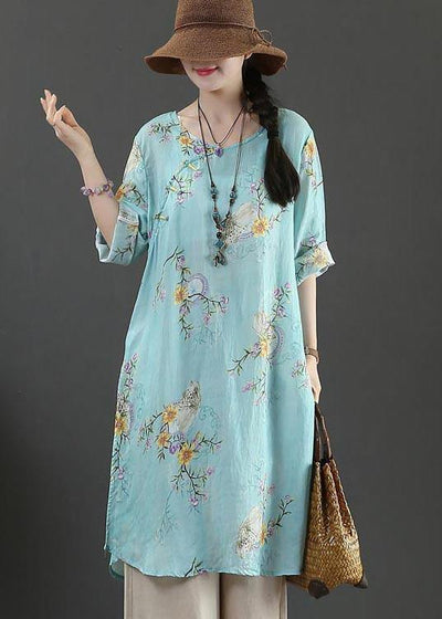 Boutique Blue Print Half Sleeve Long Linen Summer Tops - SooLinen