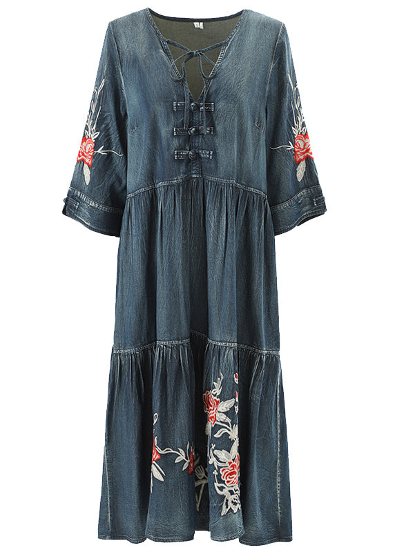 Boutique Blue V Neck Embroideried Cotton Holiday Denim Dress Half Sleeve