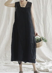 Boutique Blue V Neck Pockets Linen Dresses Sleeveless