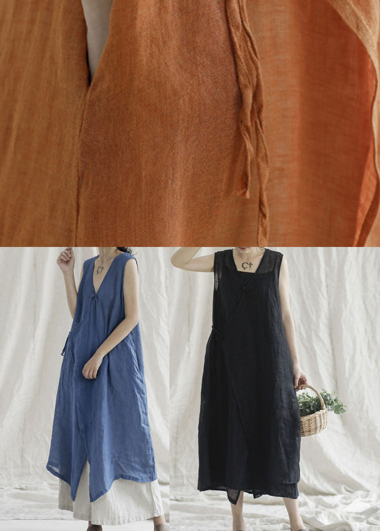 Boutique Blue V Neck Pockets Linen Dresses Sleeveless