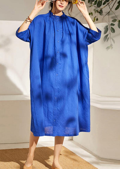 Boutique Blue Wrinkled Summer Linen Summer Dress Half Sleeve - SooLinen