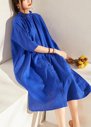 Boutique Blue Wrinkled Summer Linen Summer Dress Half Sleeve - SooLinen