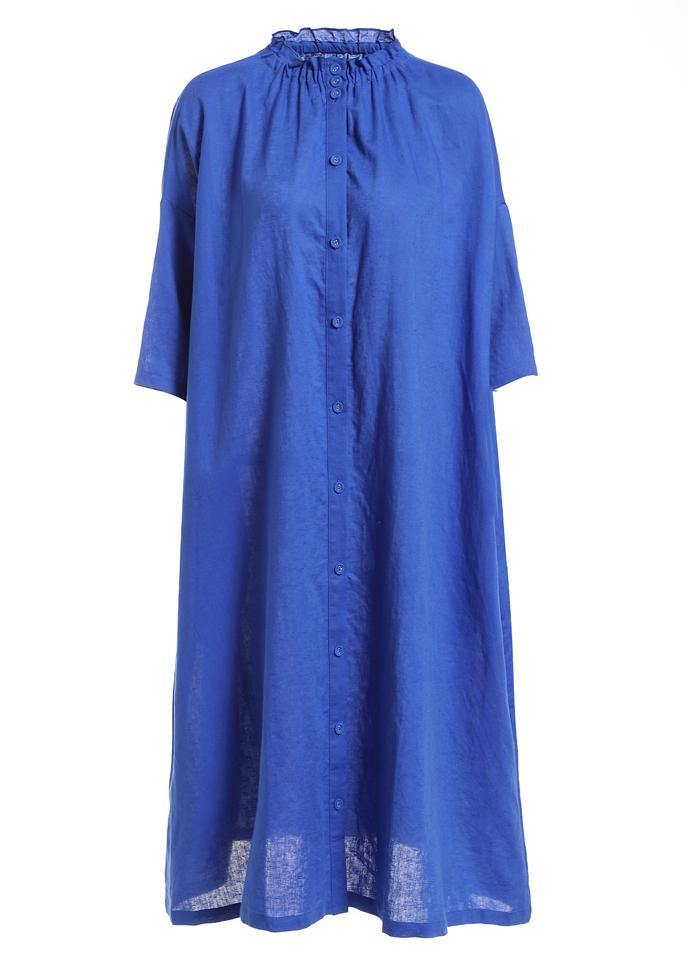 Boutique Blue Wrinkled Summer Linen Summer Dress Half Sleeve - SooLinen