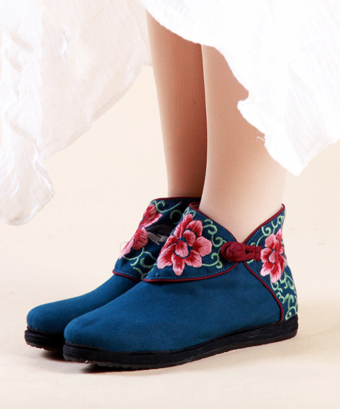 Boutique Buckle Strap Embroideried Comfy Ankle Boots Blue Cotton Fabric