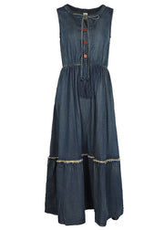 Boutique Denim Blue O-Neck Lace Up Button Cotton Cinch Dresses Sleeveless