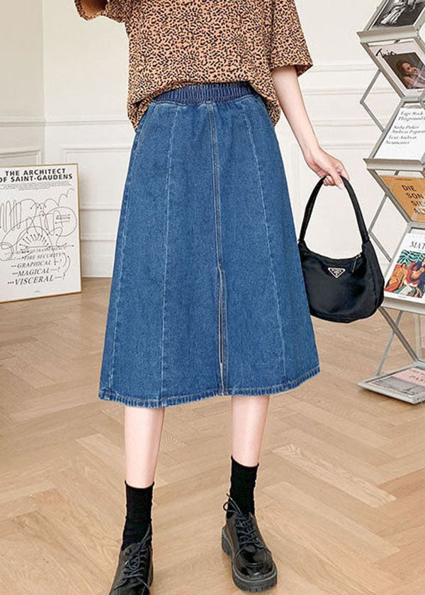 Boutique Denim Blue Solid Elastic Waist Side Open Cotton A Line Skirt Summer