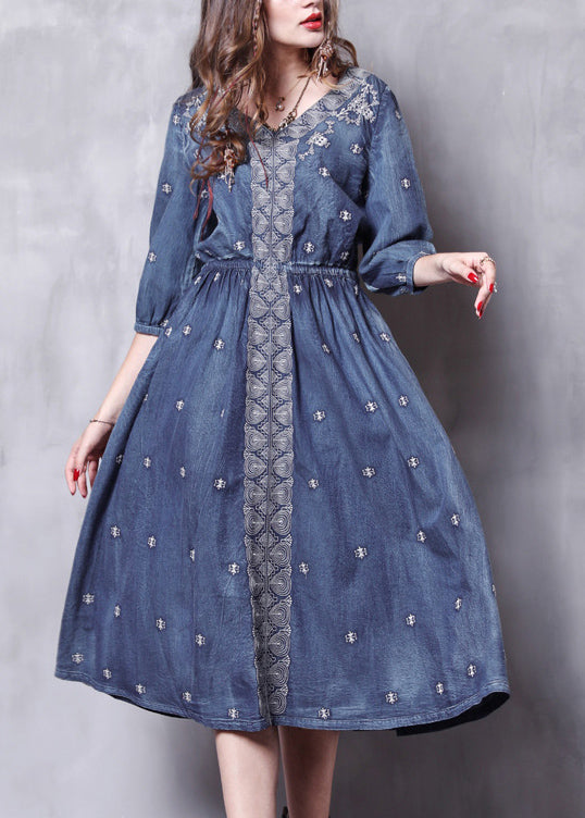 Boutique Denim Blue V Neck Embroideried Elastic Waist Cotton Dresses Bracelet Sleeve