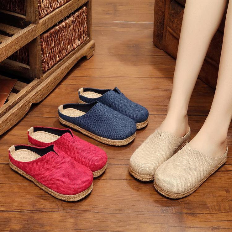 Boutique Flat Shoes For Women Red Cotton Linen Fabric Slippers Shoes - SooLinen