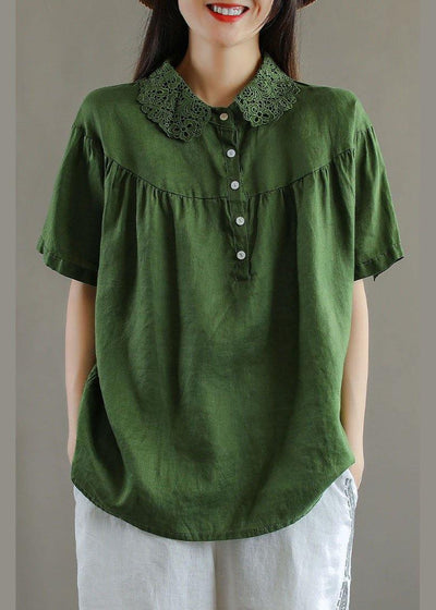 Boutique Green Peter Pan Collar Button Linen Summer Shirt Tops - SooLinen