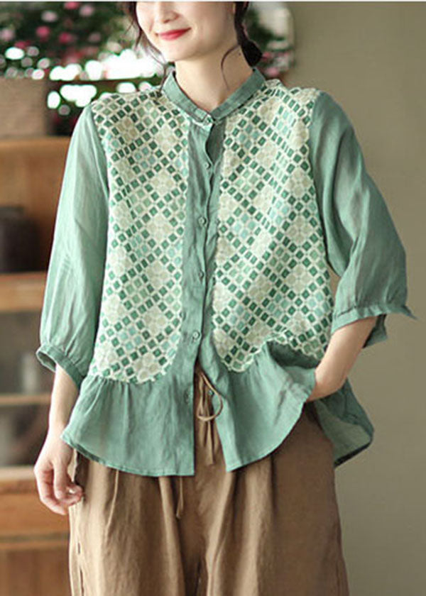 Boutique Green Ruffles Peter Pan Collar Linen Tops Three Quarter sleeve