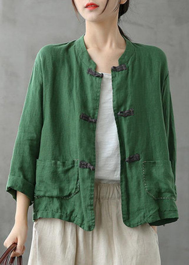 Boutique Green Stand Collar Embroideried Patchwork Linen Coat - SooLinen