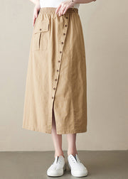 Boutique Khaki Asymmetrical side open elastic waist Button Linen Skirt Spring