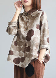 Boutique Khaki Peter Pan Collar Chocolate Dot Print Linen Shirt Tops Long Sleeve