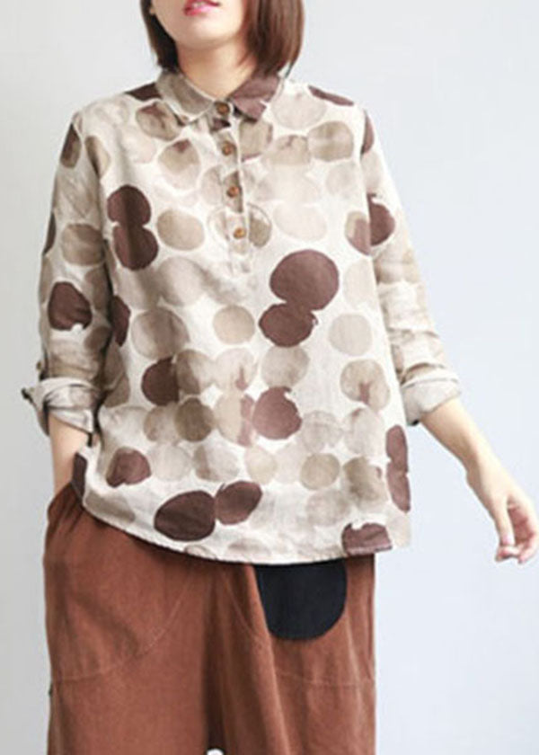 Boutique Khaki Peter Pan Collar Chocolate Dot Print Linen Shirt Tops Long Sleeve