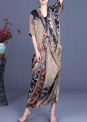 Boutique Khaki Print Overlapping asymmetrical design Silk Summer Maxi Dress - SooLinen