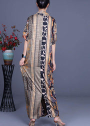 Boutique Khaki Print Overlapping asymmetrical design Silk Summer Maxi Dress - SooLinen