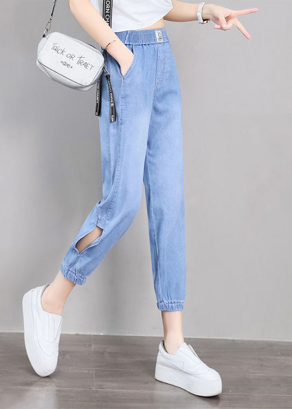 Boutique Light Blue Embroideried Pockets Side Open Cotton Harem Crop Pants Summer