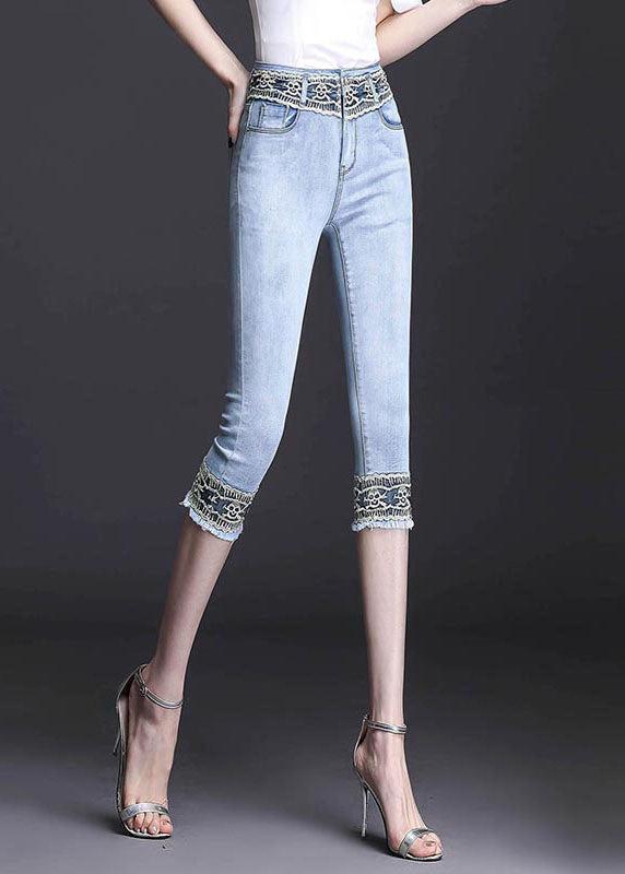 Boutique Light Blue High Waist Zip Up Lace Patchwork Slim Cotton Denim Crop Pants Summer