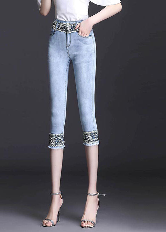 Boutique Light Blue High Waist Zip Up Lace Patchwork Slim Cotton Denim Crop Pants Summer