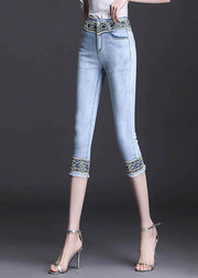 Boutique Light Blue High Waist Zip Up Lace Patchwork Slim Cotton Denim Crop Pants Summer