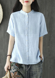 Boutique Light Blue Stand Collar Button Cotton Summer Top - SooLinen