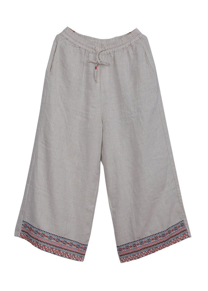 Boutique Linen colour elastic waist drawstring Embroideried Pockets Linen Pants Spring