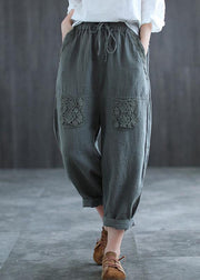 Boutique Mulberry Embroideried Harem Crop Summer Linen Harem Pants - SooLinen