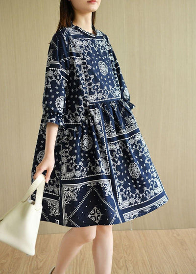 Boutique Navy Loose O-Neck Print Summer Cotton Dress Half Sleeve - SooLinen