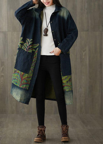 Boutique Navy Peter Pan Collar Pockets Button Print Fall Denim Long Sleeve Trench Coat - SooLinen