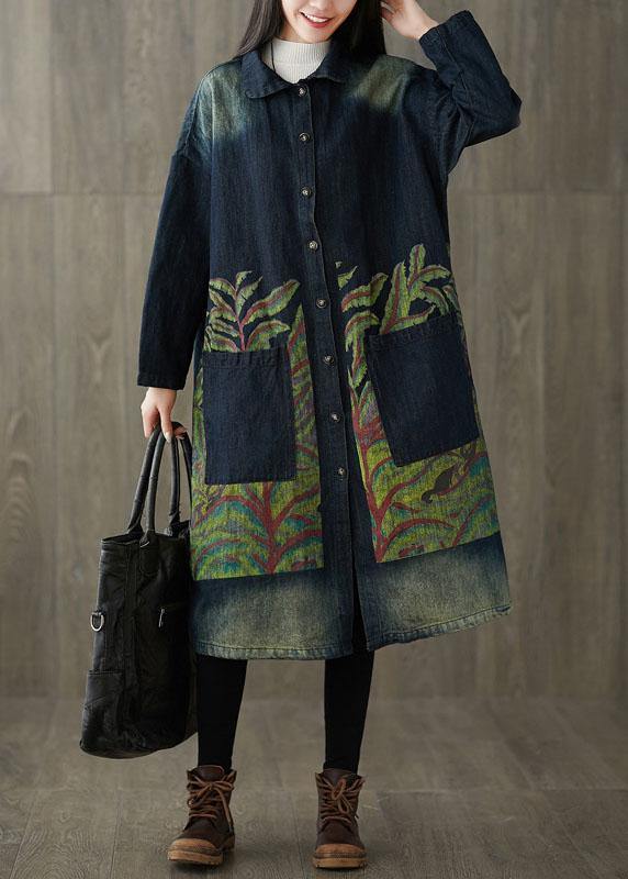 Boutique Navy Peter Pan Collar Pockets Button Print Fall Denim Long Sleeve Trench Coat - SooLinen