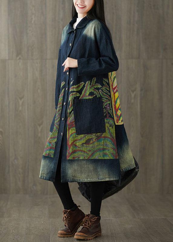 Boutique Navy Peter Pan Collar Pockets Button Print Fall Denim Long Sleeve Trench Coat - SooLinen