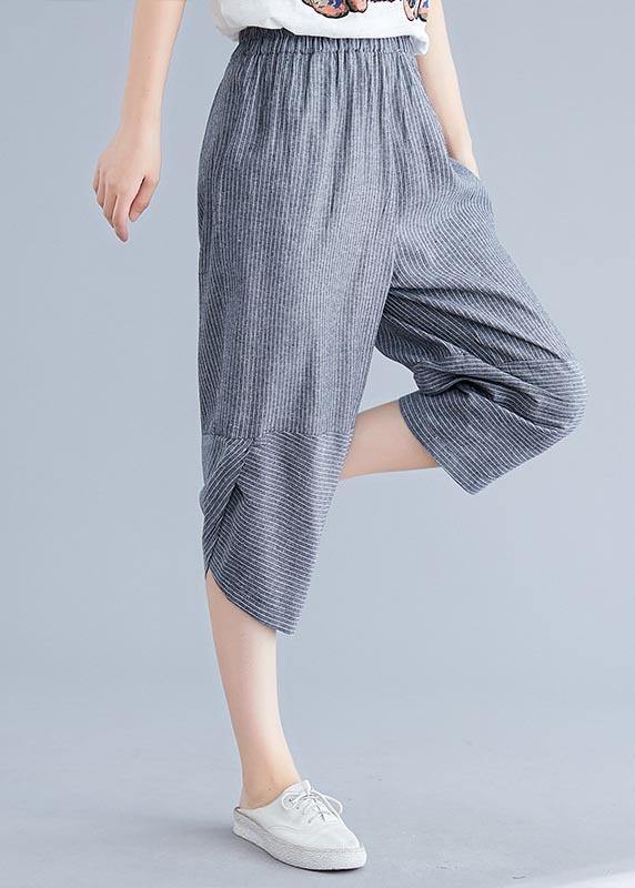 Boutique Navy Striped Patchwork Summer Cotton Linen Pants - SooLinen