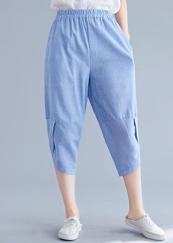 Boutique Navy Striped Patchwork Summer Cotton Linen Pants - SooLinen