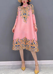 Boutique Pink Stand Collar Embroideried Print Satin Dresses Long Sleeve