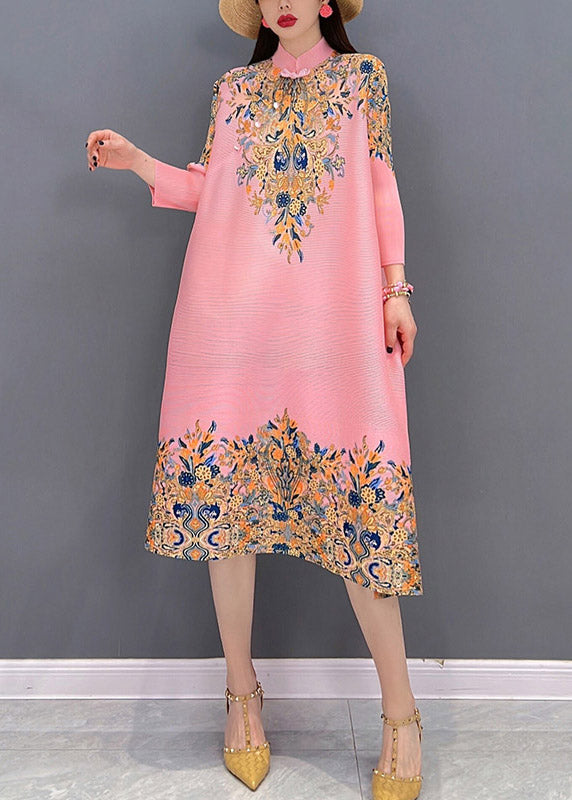 Boutique Pink Stand Collar Embroideried Print Satin Dresses Long Sleeve