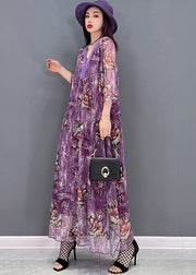 Boutique Purple V Neck Embroideried Hollow Out Tulle Maxi Dresses Half Sleeve