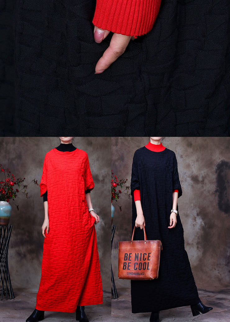 Boutique Red O-Neck Patchwork Knit Knit Sweater Dress Winter