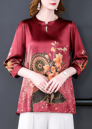 Boutique Red O-Neck Print draping Silk women's Blouse Tops Bracelet Sleeve